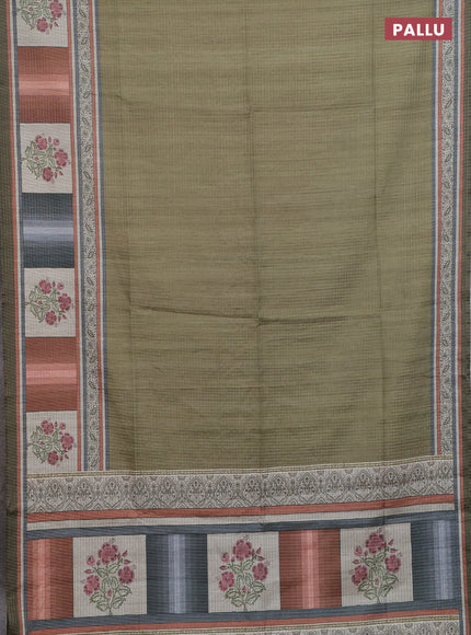 Chappa saree mehendi green with allover zari checked pattern and printed pallu