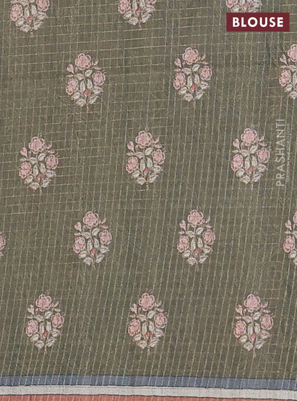 Chappa saree mehendi green with allover zari checked pattern and printed pallu