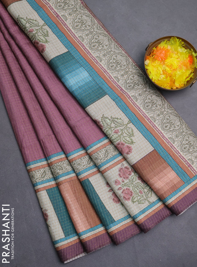 Chappa saree mauve pink with allover zari checked pattern and printed pallu