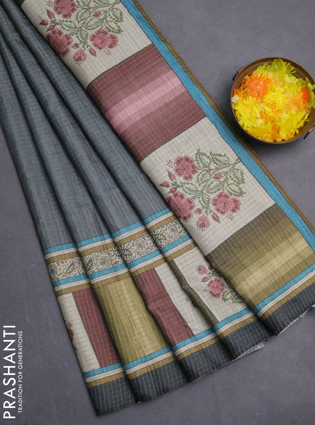 Chappa saree grey with allover zari checked pattern and printed pallu