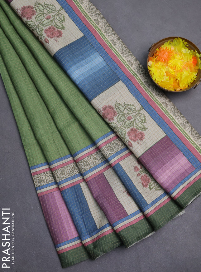 Chappa saree light green and sap green with allover zari checked pattern and printed pallu