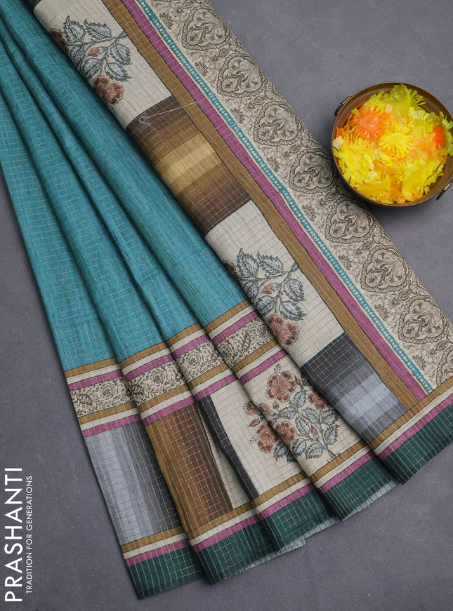 Chappa saree teal blue and peacock green with allover zari checked pattern and printed pallu