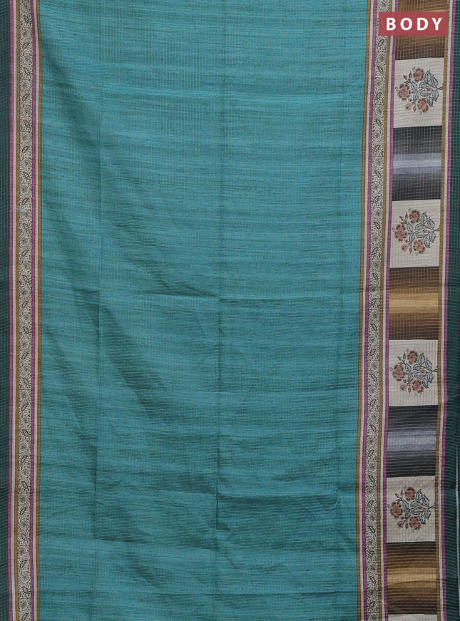 Chappa saree teal blue and peacock green with allover zari checked pattern and printed pallu