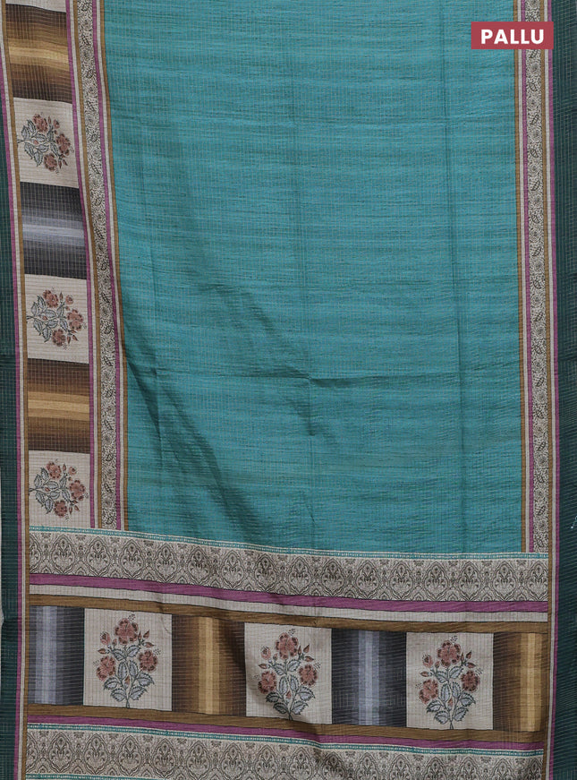 Chappa saree teal blue and peacock green with allover zari checked pattern and printed pallu