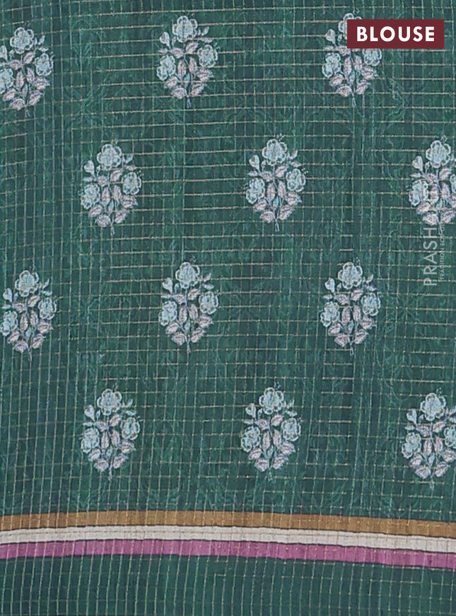 Chappa saree teal blue and peacock green with allover zari checked pattern and printed pallu