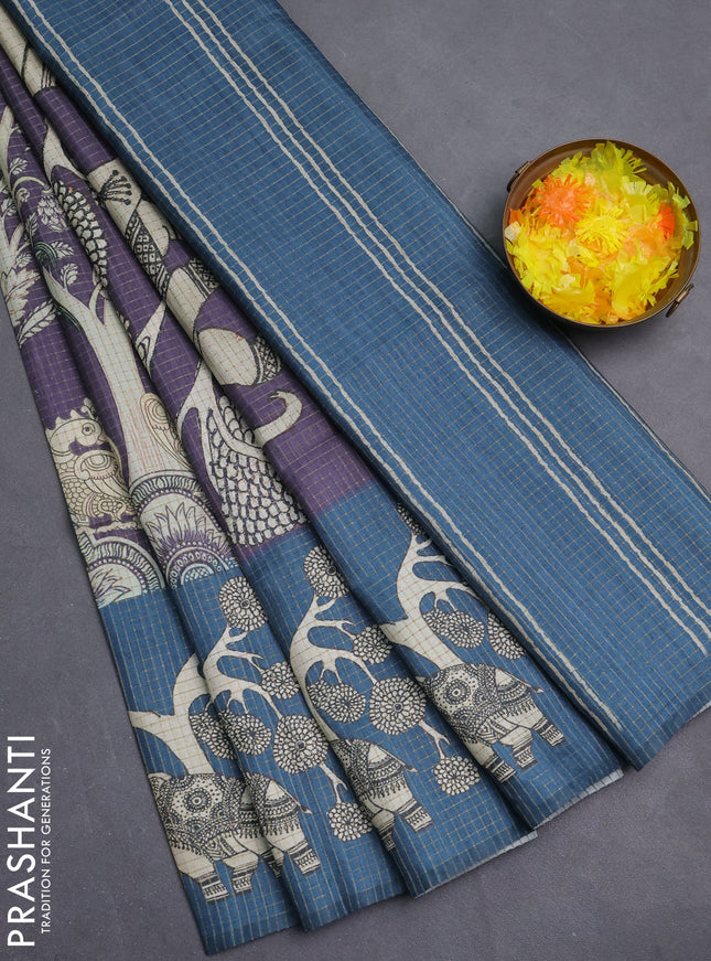 Chappa saree violet and peacock blue with allover zari checked pattern and printed pallu