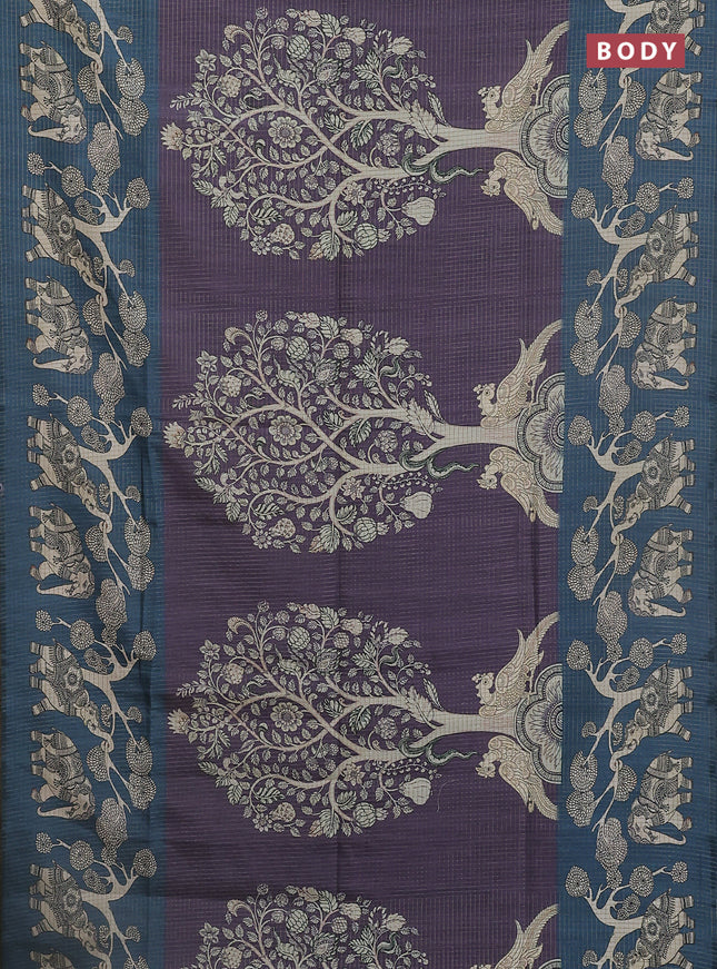 Chappa saree violet and peacock blue with allover zari checked pattern and printed pallu