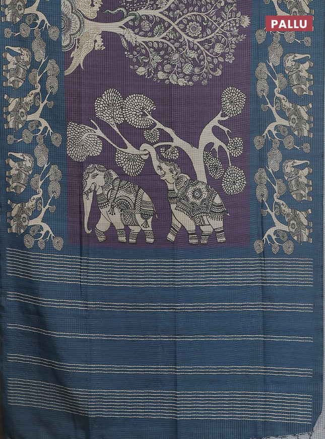 Chappa saree violet and peacock blue with allover zari checked pattern and printed pallu