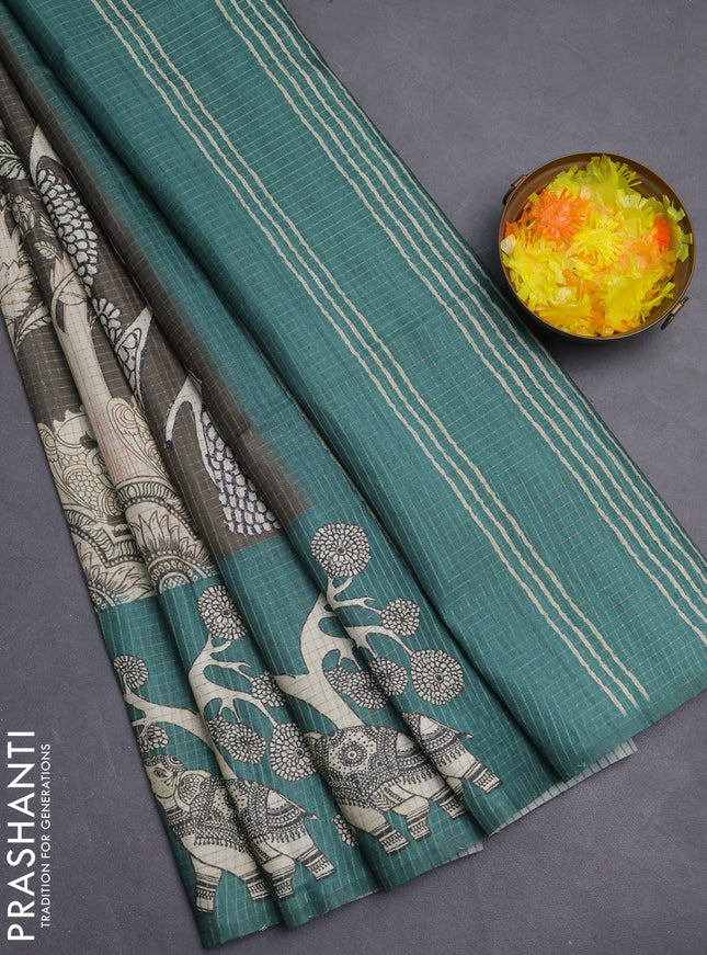 Chappa saree dark military green and green with allover zari checked pattern and printed pallu