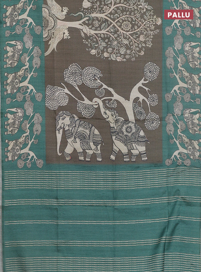 Chappa saree dark military green and green with allover zari checked pattern and printed pallu