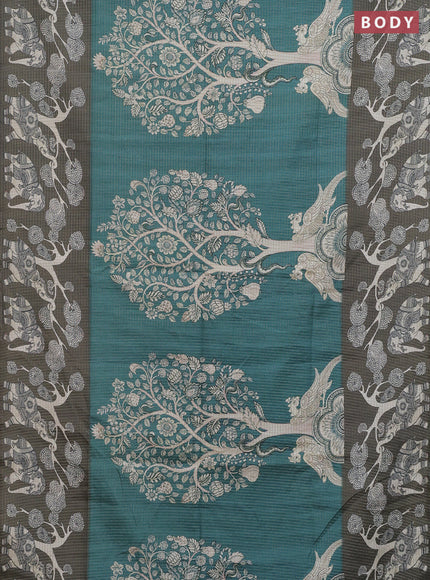 Chappa saree teal green and military green with allover zari checked pattern and printed pallu