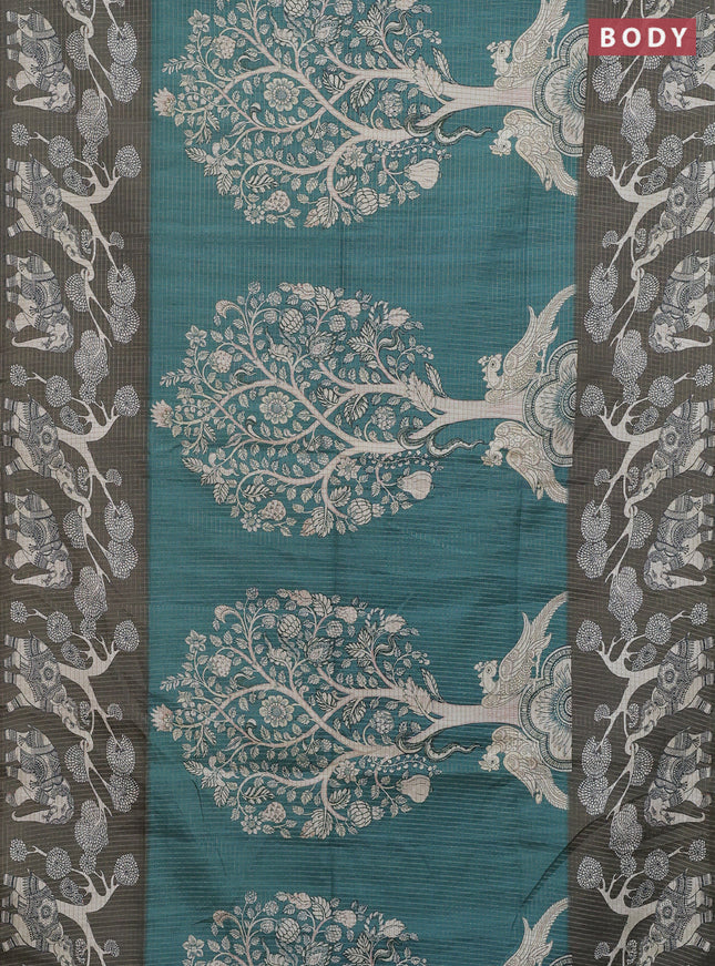 Chappa saree teal green and military green with allover zari checked pattern and printed pallu