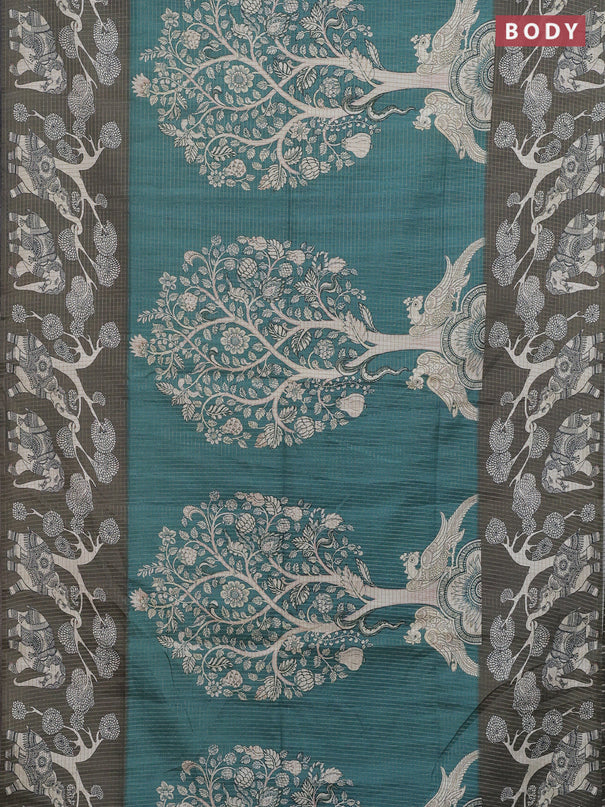 Chappa saree teal green and military green with allover zari checked pattern and printed pallu