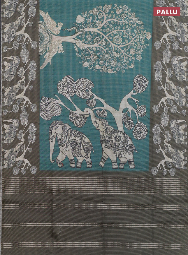Chappa saree teal green and military green with allover zari checked pattern and printed pallu