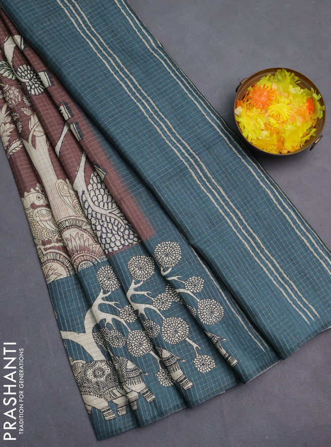 Chappa saree brown and peacock green with allover zari checked pattern and printed pallu