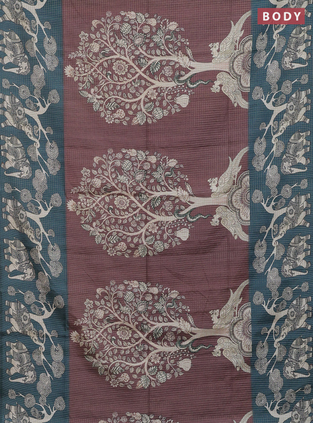 Chappa saree brown and peacock green with allover zari checked pattern and printed pallu