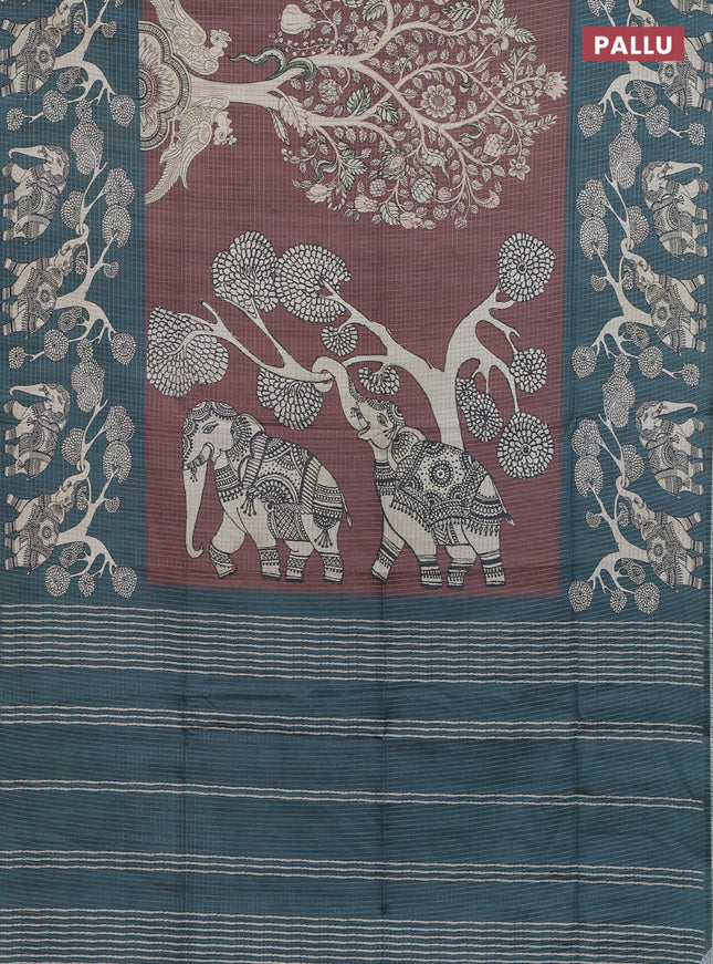 Chappa saree brown and peacock green with allover zari checked pattern and printed pallu