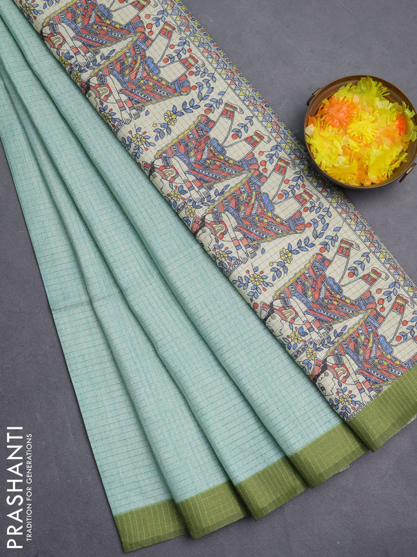 Chappa saree teal green and light green with allover zari checked pattern and madhubani printed pallu