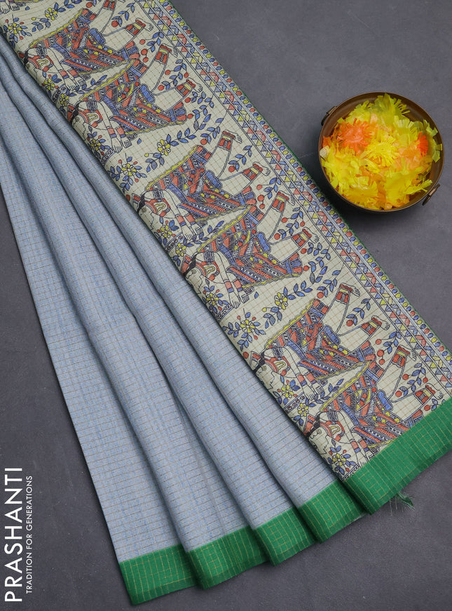 Chappa saree greyish blue and green with allover zari checked pattern and madhubani printed pallu