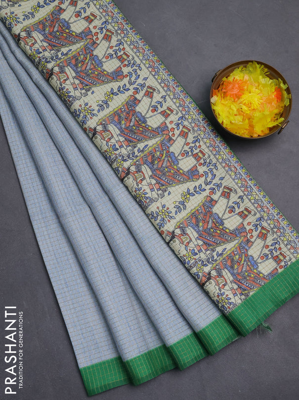 Chappa saree greyish blue and green with allover zari checked pattern and madhubani printed pallu