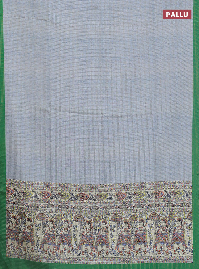 Chappa saree greyish blue and green with allover zari checked pattern and madhubani printed pallu