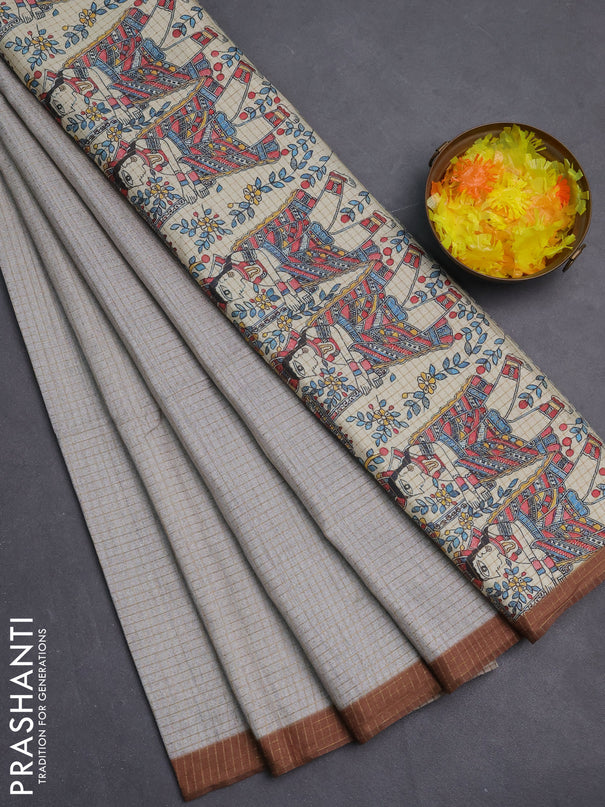 Chappa saree grey and brown with allover zari checked pattern and madhubani printed pallu
