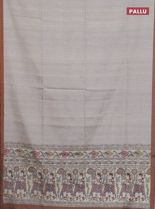 Chappa saree grey and brown with allover zari checked pattern and madhubani printed pallu