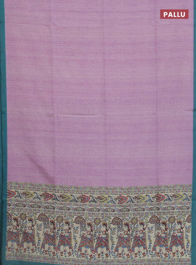 Chappa saree lavender and teal blue with allover zari checked pattern and madhubani printed pallu
