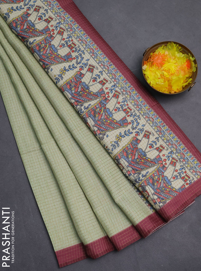 Chappa saree pista green and maroon with allover zari checked pattern and madhubani printed pallu