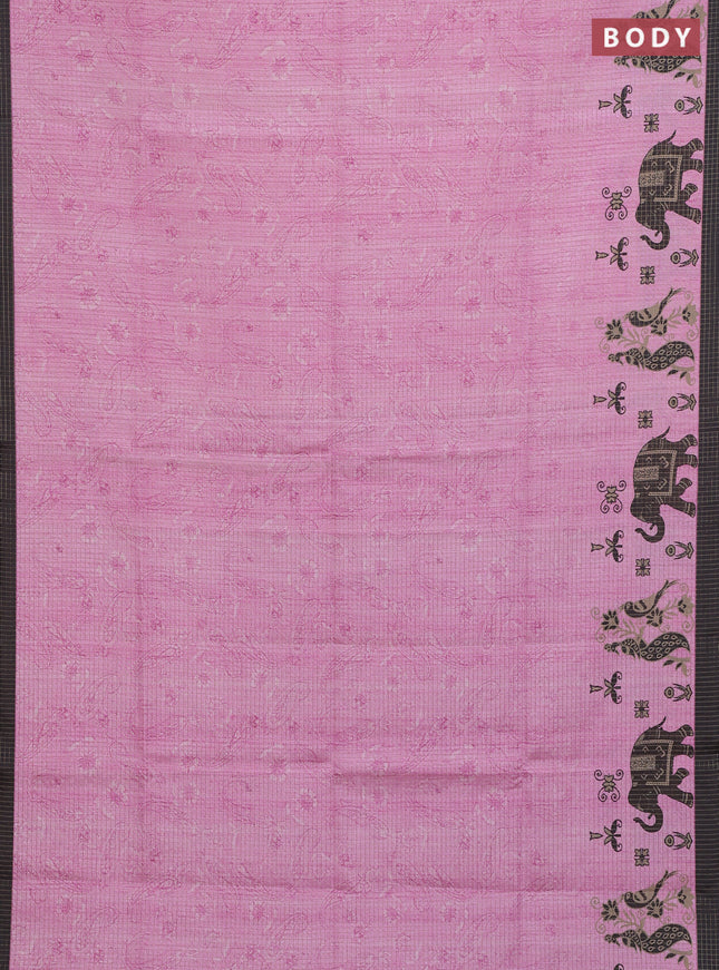 Chappa saree light pink and black with allover zari checked pattern and printed pallu