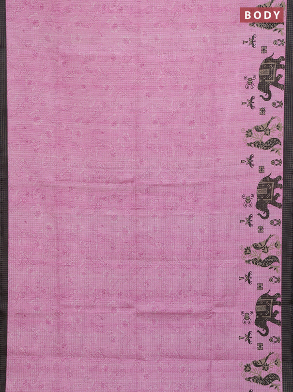 Chappa saree light pink and black with allover zari checked pattern and printed pallu
