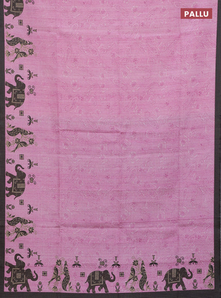 Chappa saree light pink and black with allover zari checked pattern and printed pallu