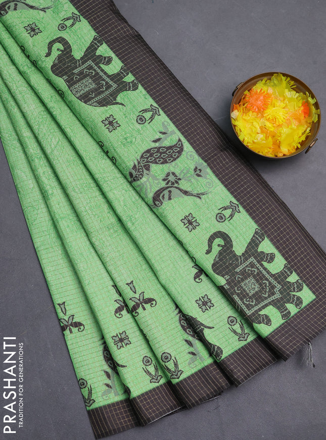 Chappa saree light green and black with allover zari checked pattern and printed pallu