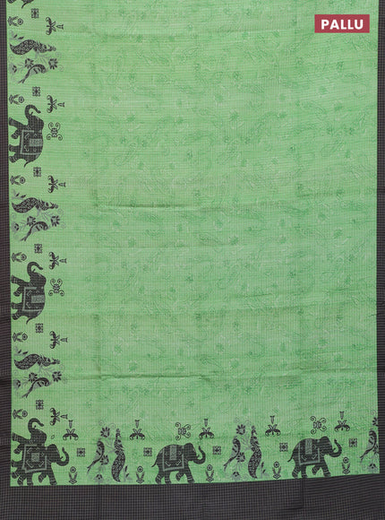 Chappa saree light green and black with allover zari checked pattern and printed pallu