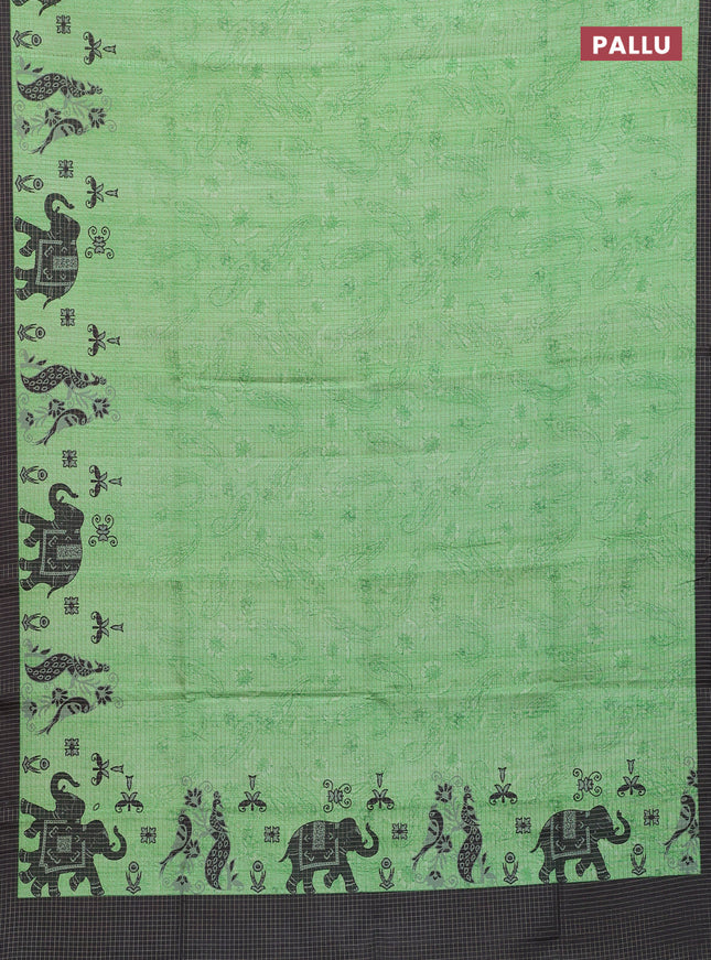 Chappa saree light green and black with allover zari checked pattern and printed pallu