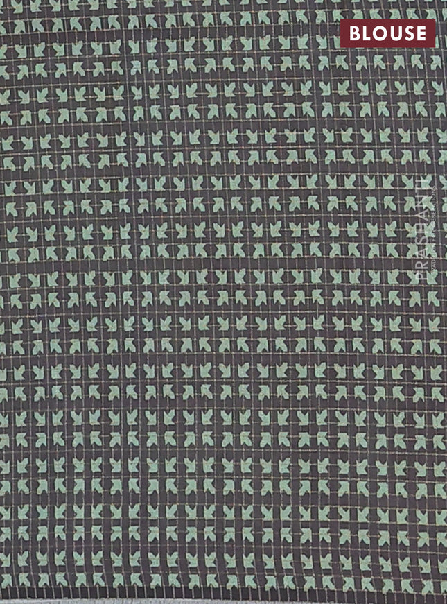 Chappa saree light green and black with allover zari checked pattern and printed pallu