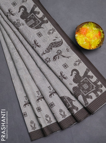 Chappa saree grey and black with allover zari checked pattern and printed pallu