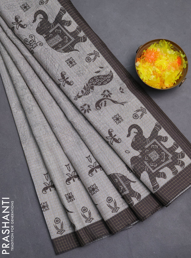 Chappa saree grey and black with allover zari checked pattern and printed pallu