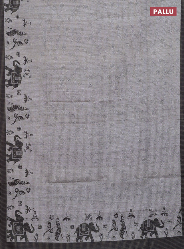 Chappa saree grey and black with allover zari checked pattern and printed pallu