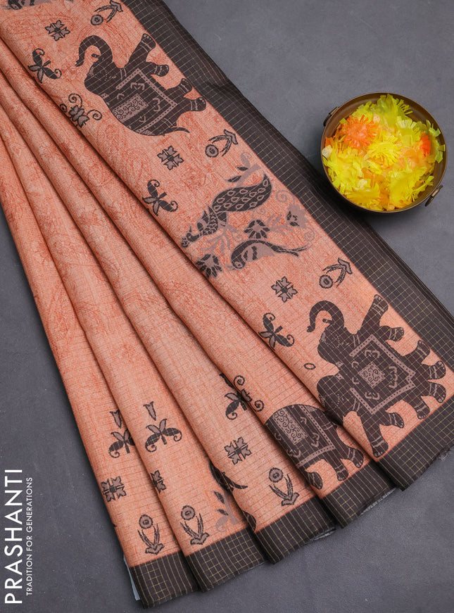 Chappa saree pale orange and black with allover zari checked pattern and printed pallu