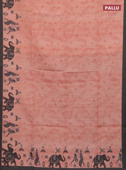 Chappa saree pale orange and black with allover zari checked pattern and printed pallu