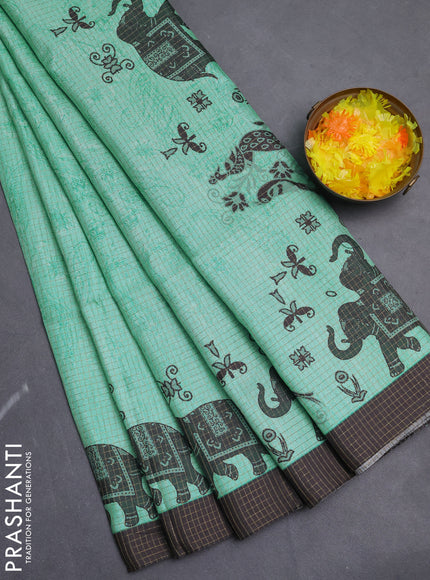 Chappa saree teal green and black with allover zari checked pattern and printed pallu