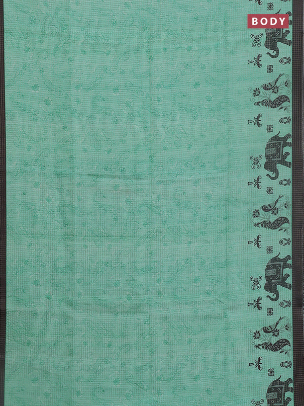 Chappa saree teal green and black with allover zari checked pattern and printed pallu