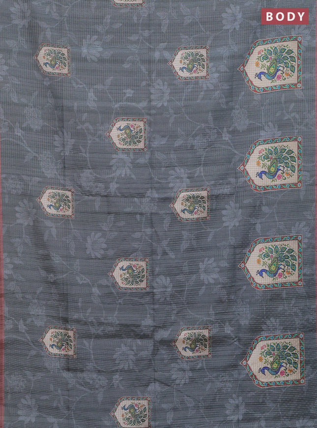 Chappa saree grey and pastel brown with allover zari checked pattern & digital prints and printed pallu