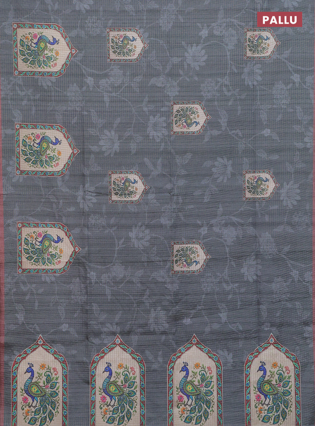 Chappa saree grey and pastel brown with allover zari checked pattern & digital prints and printed pallu