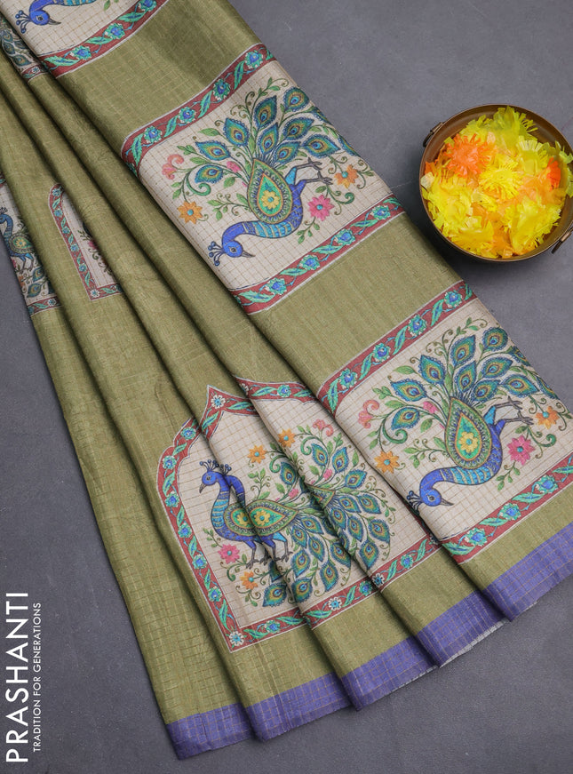 Chappa saree mehendi green and lavender with allover zari checked pattern & digital prints and printed pallu