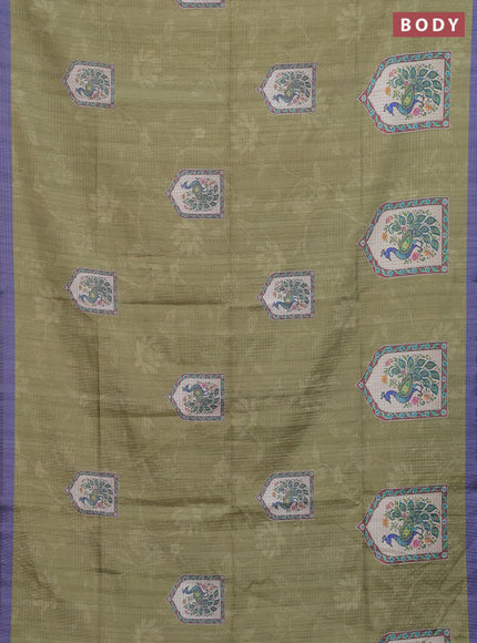 Chappa saree mehendi green and lavender with allover zari checked pattern & digital prints and printed pallu