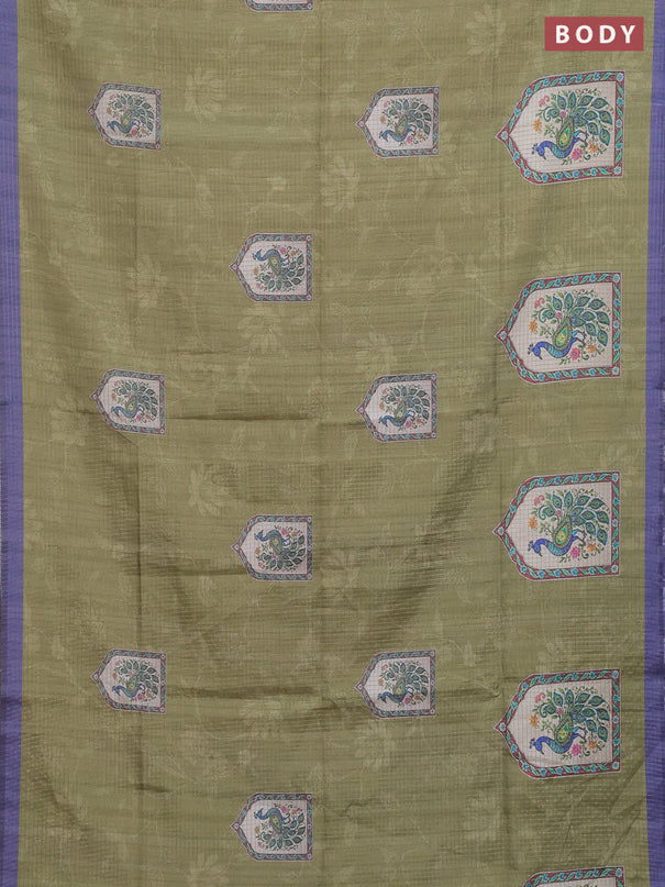 Chappa saree mehendi green and lavender with allover zari checked pattern & digital prints and printed pallu