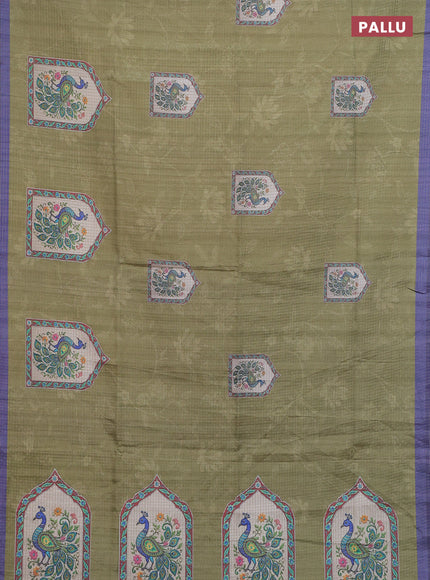 Chappa saree mehendi green and lavender with allover zari checked pattern & digital prints and printed pallu