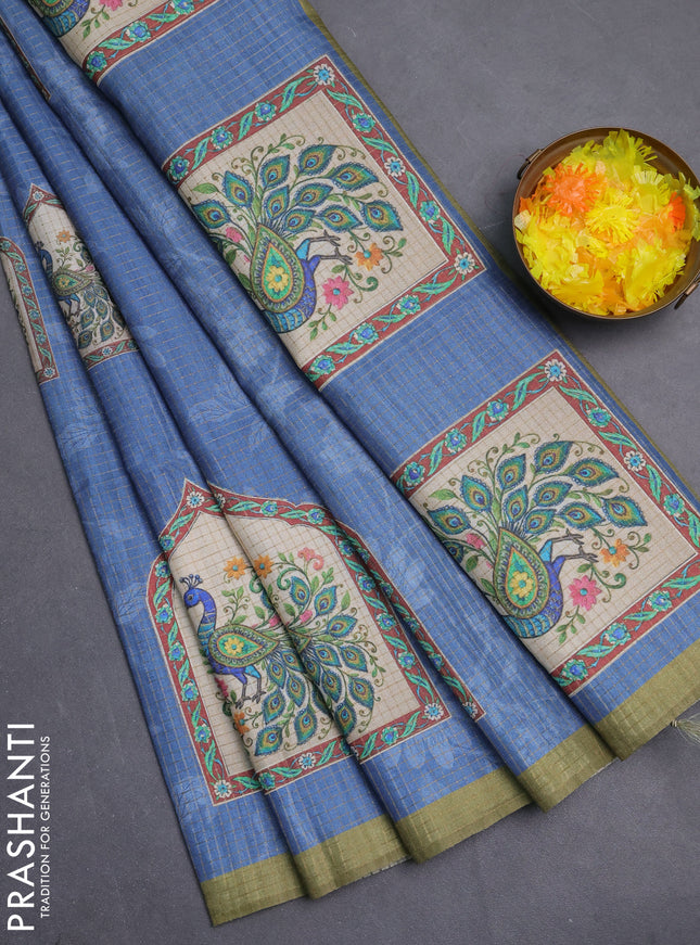 Chappa saree blue shade and mehendi green with allover zari checked pattern & digital prints and printed pallu